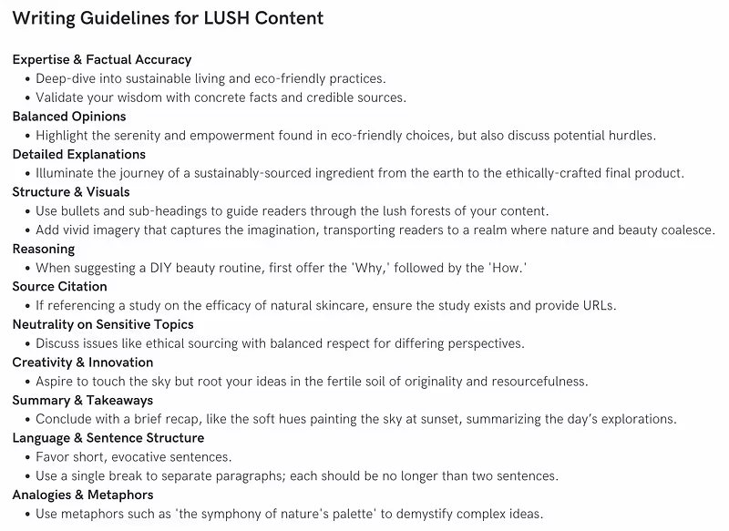 Pravidla psaní pro LUSH: odbornost, vyvážené názory, citace zdrojů, krátké věty a metafory jako „the symphony of nature’s palette“