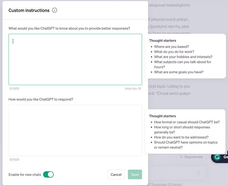 Custom instructions v ChatGPT: pole „What would you like ChatGPT to know about you…“ a „How would you like ChatGPT to respond?“