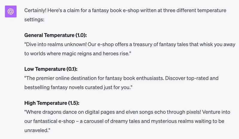 Slogan pro e-shop s fantasy knihami při teplotě 0.1 věcný „The premier online destination…“, při 1.5 snový „Where dragons dance…“