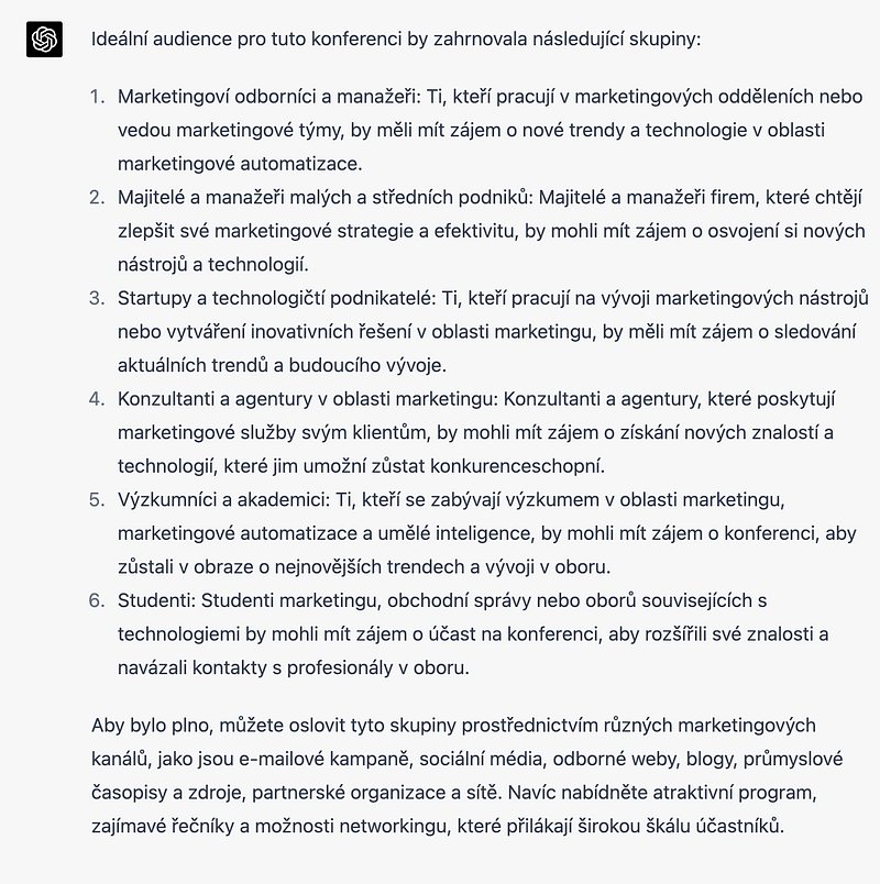 Odpověď ChatGPT se šesti cílovými skupinami konference, od marketérů a majitelů firem po studenty, a s tipy, jak je oslovit