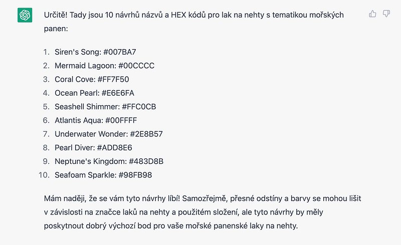 Deset názvů laků na nehty s tematikou mořských panen i s HEX kódy od ChatGPT, například Siren's Song nebo Mermaid Lagoon