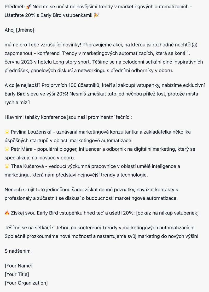 E-mailová pozvánka na konferenci od ChatGPT se slevou Early Bird 20 % a nesmyslně napsanými medailonky tří řečníků
