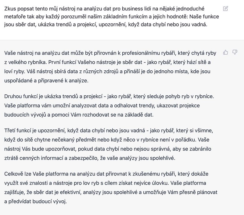ChatGPT přirovnává nástroj na analýzu dat k rybáři, který hází sítě, sleduje pohyb ryb a všimne si, když je v síti něco nečekaného