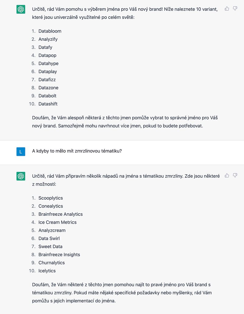 Návrhy názvů datové platformy od ChatGPT, nejdřív obecné jako Datafy, po doptání na zmrzlinové téma třeba Scooplytics