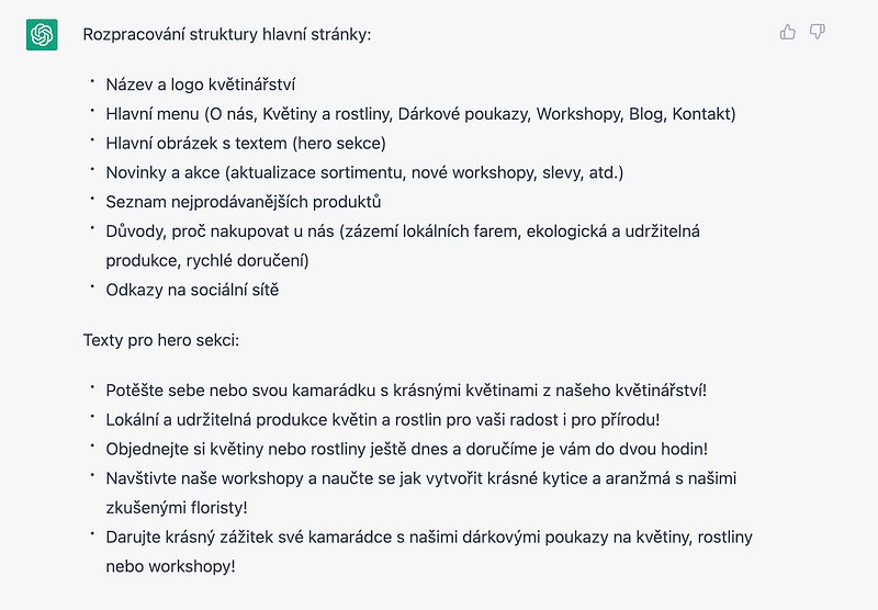 Struktura hlavní stránky květinářství od ChatGPT a pět textů do hero sekce, třeba „Potěšte sebe nebo svou kamarádku“