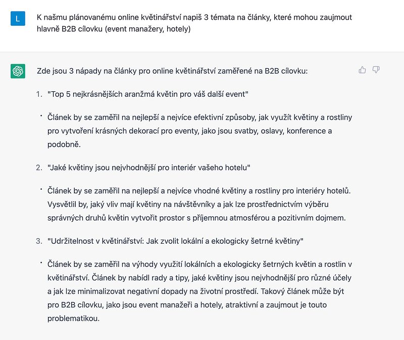 Tři témata článků od ChatGPT pro event manažery a hotely, mezi nimi „Jaké květiny jsou nejvhodnější pro interiér vašeho hotelu“