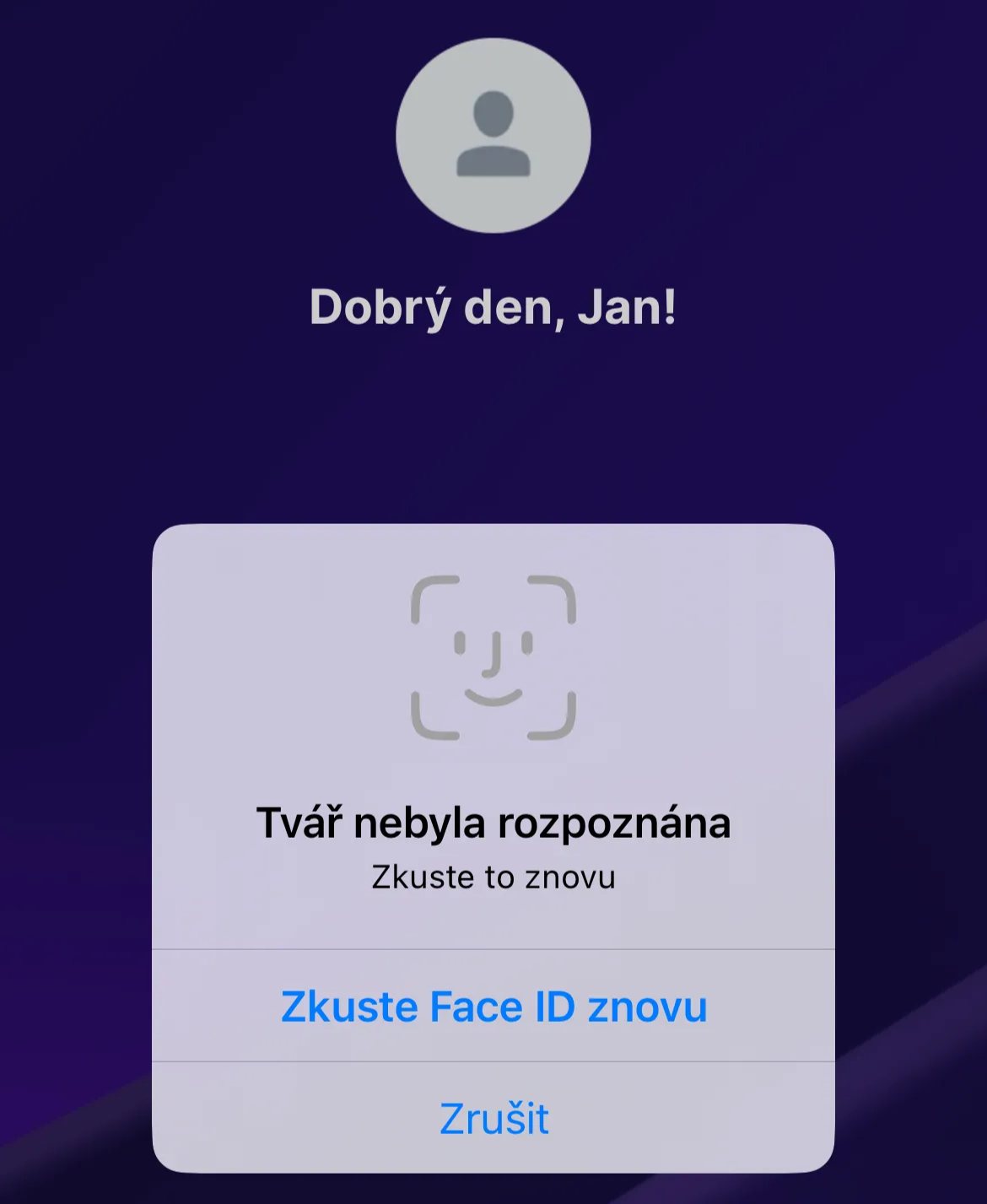 Dialog Face ID v mobilní aplikaci věcně radí „Zkuste to znovu“ a nabízí tlačítka „Zkuste Face ID znovu“ a „Zrušit“