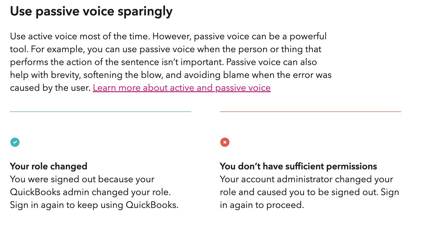 Pravidlo „Use passive voice sparingly“ se správným příkladem „You were signed out…“ a špatným „You don’t have sufficient permissions“