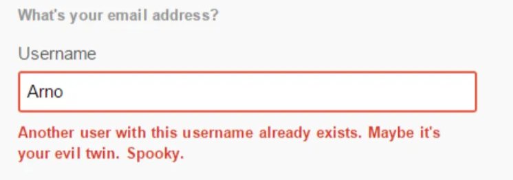 Pole Username s hláškou „Another user with this username already exists. Maybe it's your evil twin. Spooky.“