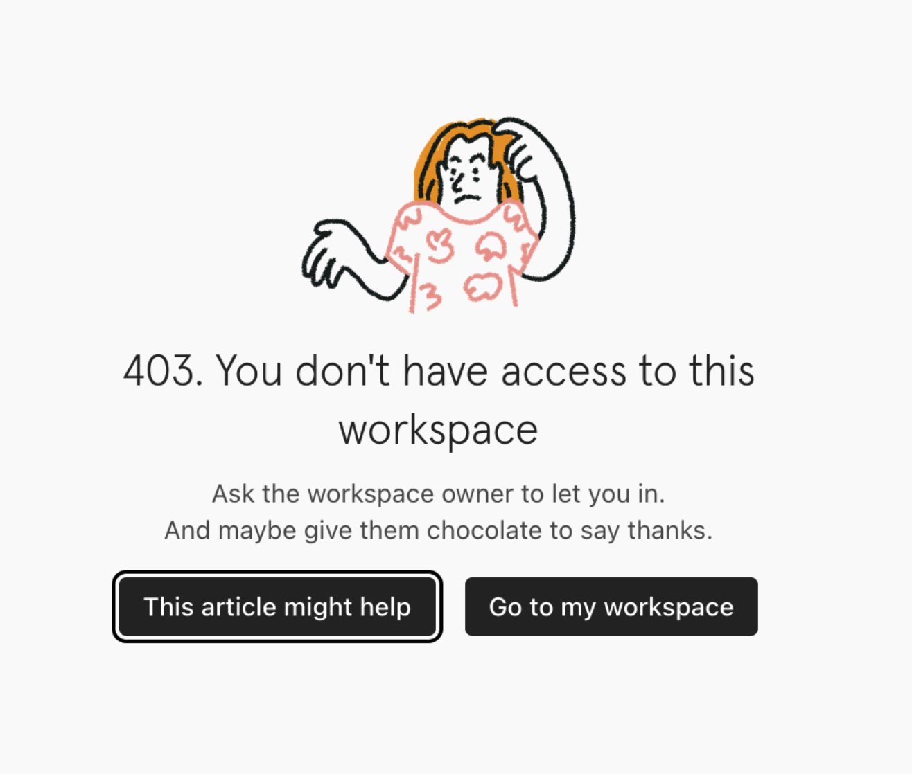 Hláška „403. You don't have access to this workspace“, rada požádat vlastníka o přístup, vtip s čokoládou a dvě tlačítka, kam dál