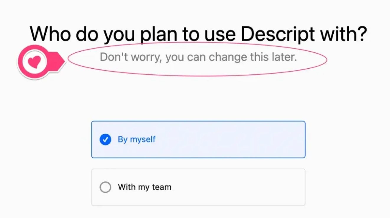Otázka „Who do you plan to use Descript with?“ a pod ní zakroužkovaná uklidňující věta „Don't worry, you can change this later.“