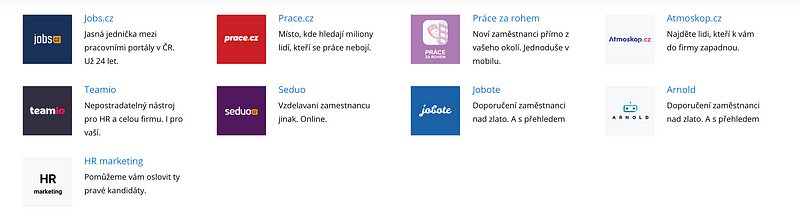 Přehled značek LMC: Jobs.cz, Prace.cz, Práce za rohem, Atmoskop.cz, Teamio, Seduo, Jobote, Arnold a HR marketing