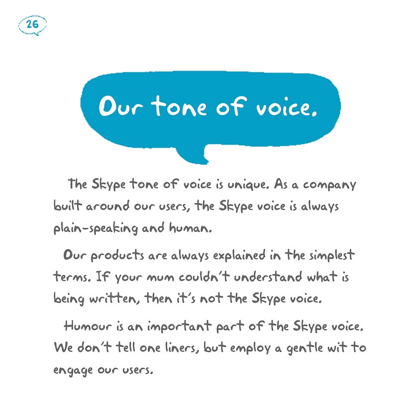 Strana „Our tone of voice“ z manuálu Skypu: psát jednoduše a lidsky, s jemným humorem a tak, aby to pochopila i vaše máma