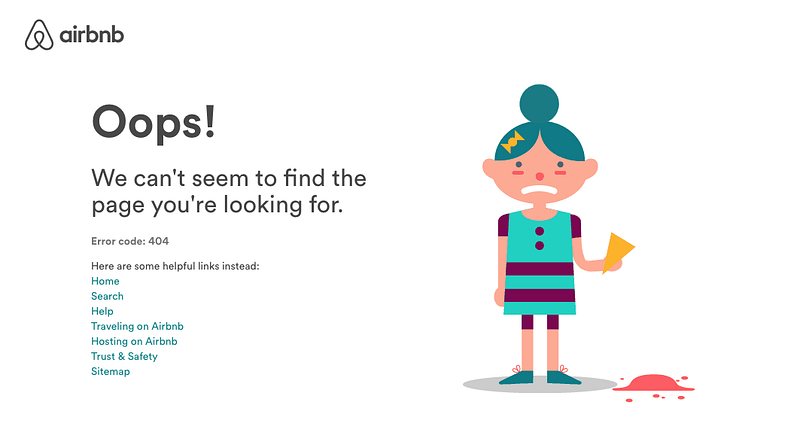 Stránka 404 na Airbnb: „We can’t seem to find the page you’re looking for.“ a pod tím odkazy dál, třeba Home, Search nebo Help