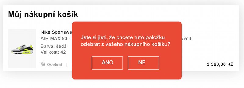 Dlouhý dotaz v košíku „Jste si jisti, že chcete tuto položku odebrat z vašeho nákupního košíku?“ s tlačítky „ANO“ a „NE“