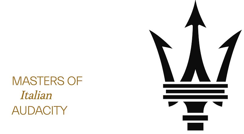 Logo Maserati s trojzubcem a sloganem „MASTERS OF Italian AUDACITY“, tedy značka pro ty, kdo chtějí svobodu a dravé auto