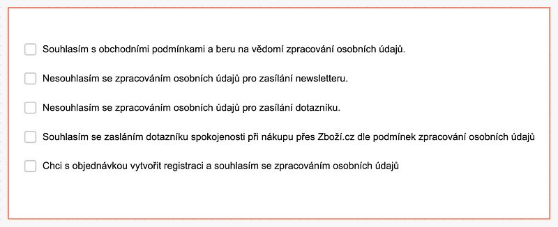Pět zaškrtávacích políček v objednávce, kde se střídá „Souhlasím“ a „Nesouhlasím“, takže není jasné, s čím zaškrtnutím souhlasíte