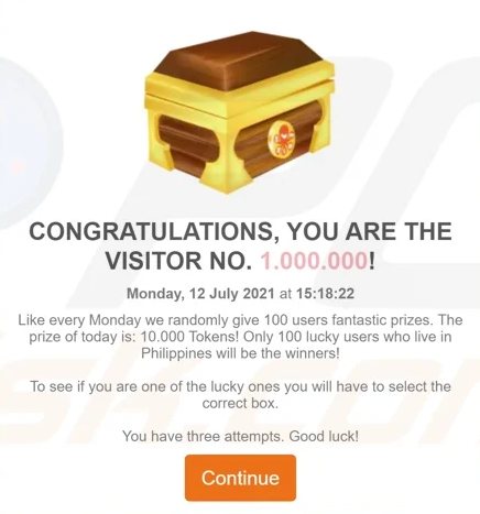Stránka se zlatou truhlou a nápisem „CONGRATULATIONS, YOU ARE THE VISITOR NO. 1.000.000!“, která láká na smyšlenou výhru