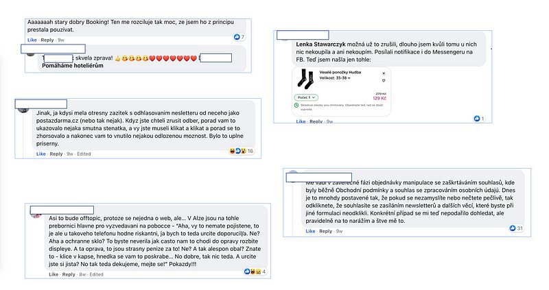 Komentáře z Facebooku, v nichž si marketérky stěžují na Booking, složité odhlašování newsletterů a vnucování pojištění na pobočce