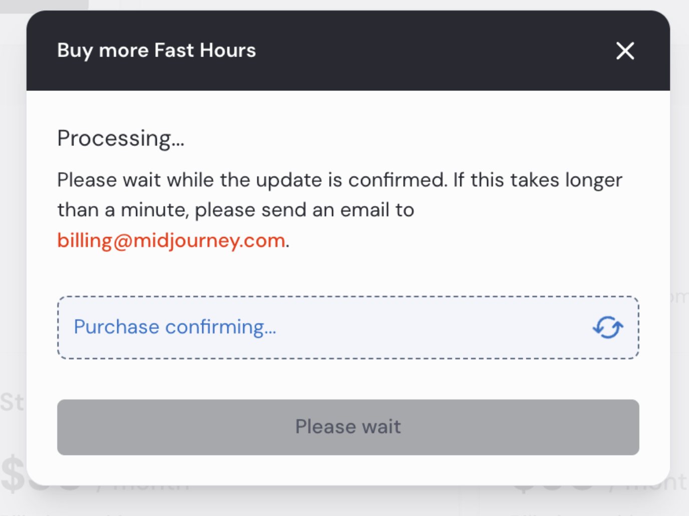 Okno nákupu v Midjourney: „Please wait while the update is confirmed. If this takes longer than a minute…“ a ikona načítání