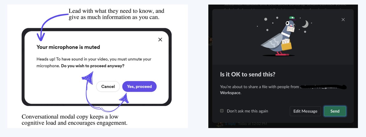 Loom varuje „Your microphone is muted“ před nahráváním bez zvuku a Slack se ptá „Is it OK to send this?“ při sdílení mimo firmu