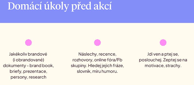 Domácí úkoly: sebrat brandové dokumenty, hledat fráze zákazníků v náslechech a recenzích a ptát se jich na motivace a strachy