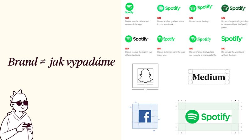 Pravidla pro logo z manuálů Spotify, Snapchatu, Facebooku a Medium: ochranné zóny a zákazy jako otáčení nebo změna barvy loga