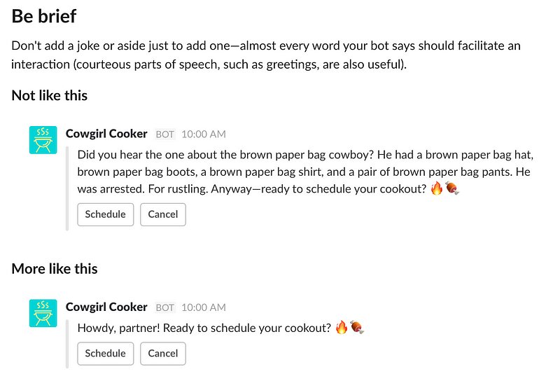 Zásada Slacku „Be brief“: bot s dlouhým vtipem jako špatný příklad, správně jen „Howdy, partner! Ready to schedule your cookout?“