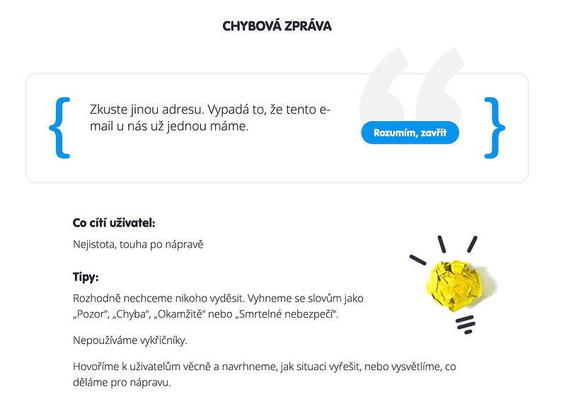 Chybová zpráva v copy manuálu Teamio: vzor „Zkuste jinou adresu…“, pocit uživatele „Nejistota, touha po nápravě“ a tipy k psaní